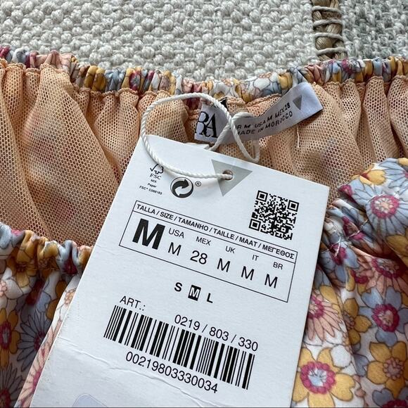 ZARA Printed Satin Effect Puff-Sleeve Off-The-Shoulder Crop Top Women’s Medium - Picture 8 of 10